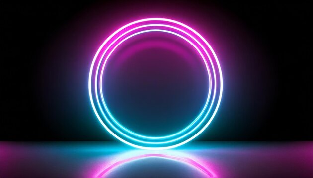 neon circle light frame empty blue pink gradient banner round glow ring with reflection on black background 3d render night club or casino electric signboard with glowing border 3d illustration