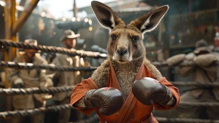A kangaroo, its coat a dusty orange, dressed in vintage boxer's attire - obrazy, fototapety, plakaty