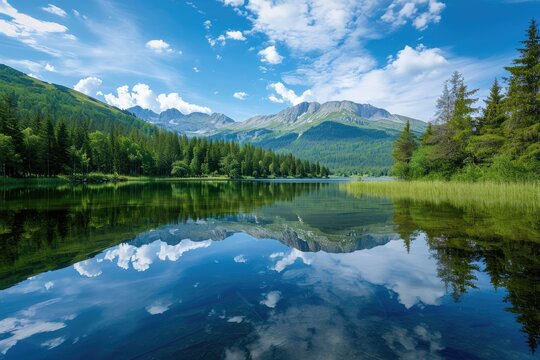Mirror-like reflections on a serene mountain lake