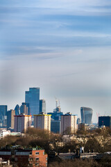 View of buildings in London, England, from Primerose Hill on a winter afternoon