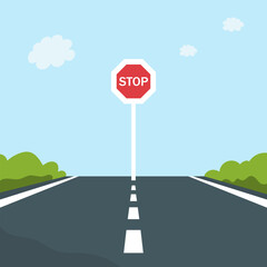 Vector illustration of a road with a stop sign. End of the road, no passage. Empty roadway, blue sky and green bushes. Flat stock illustration - 759086675