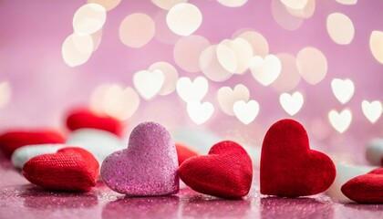 festive pink background banner of hearts with bokeh for valentine s day cards and greetings hearts of different shapes and sizes are used as design element concept love copy space