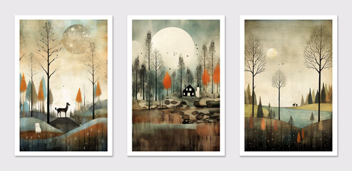 Abstract surrealistic autumn landscapes set. Trees, houses, sun, sky and woodland. Generative AI.