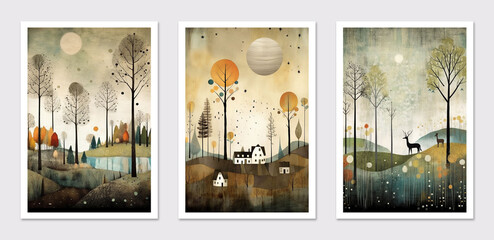 Abstract surrealistic autumn landscapes set. Trees, houses, sun, sky and woodland. Generative AI.