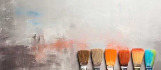 Fresh paint brushes on gray concrete background with space for text.