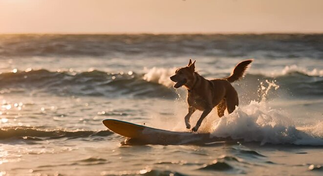 Dog surfing in the beach.