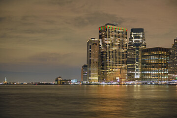 Skyscrapers of Southernmost tip of Manhattan on winter night, New York City. USA