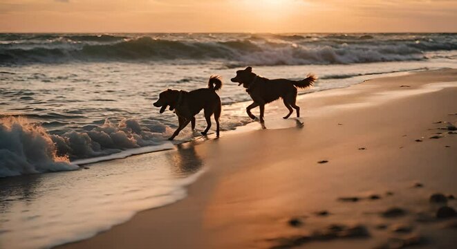 Dogs on the beach at sunset.