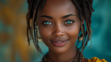 Natural beautiful black smiling girl with blue eyes. Selective focus. Copy space. Natural woman beauty concept. - obrazy, fototapety, plakaty