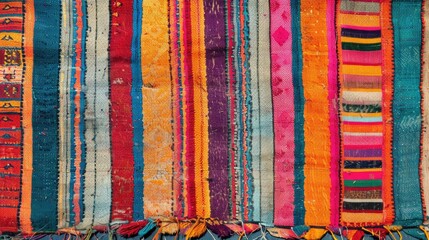 a colorful textile that appears to be influenced by African or Peruvian styles.