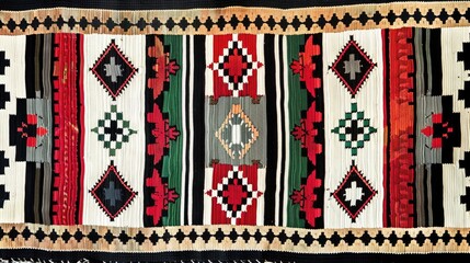 a traditional handmade Sadu rug pattern. It features geometric shapes and a striking color palette of red, black, white, and green. Such designs are commonly found in Middle Eastern textiles - obrazy, fototapety, plakaty