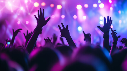 lively crowd at a concert, with hands raised in the air, silhouetted against a backdrop of vibrant...