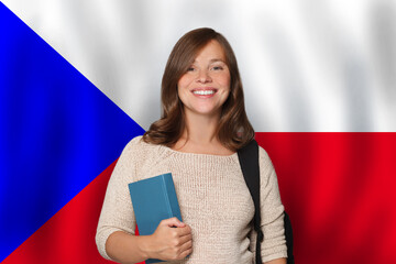 Happy woman student against Czech flag background. Travel, education and learn language шт Czech...
