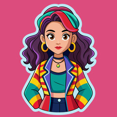 vibrant sticker featuring a beautiful girl in a fashion-forward outfit