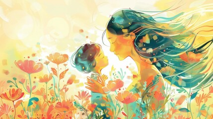 Illustration Celebrating Mother's Day with a Woman and Child