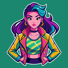 vibrant sticker featuring a beautiful girl in a fashion-forward outfit