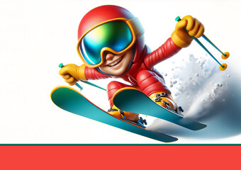 Dynamic Skiing Delight: 3D Caricature of a Mid-Jump Skier, Airborne Alpine Adventure: 3D Caricature of a Skier in Mid-Jump, Wide-Format 3D Caricature of Mid-Jump Skier