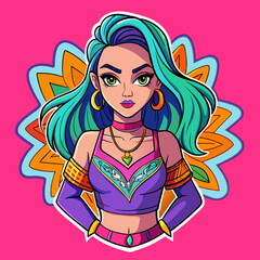 vibrant sticker featuring a beautiful girl in a fashion-forward outfit