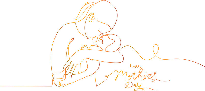 Happy Mother day card. Continuous one line drawing. Woman hold her baby. Vector illustration