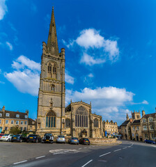 A view towards All Saints Church and the town centre in Stamford, Lincolnshire, UK in springtime