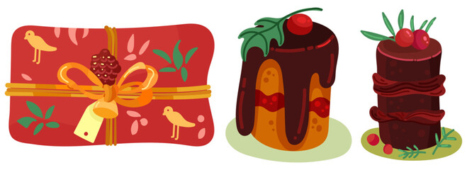 Christmas Items Set. Winter New Year elements. Vector hand draw illustration