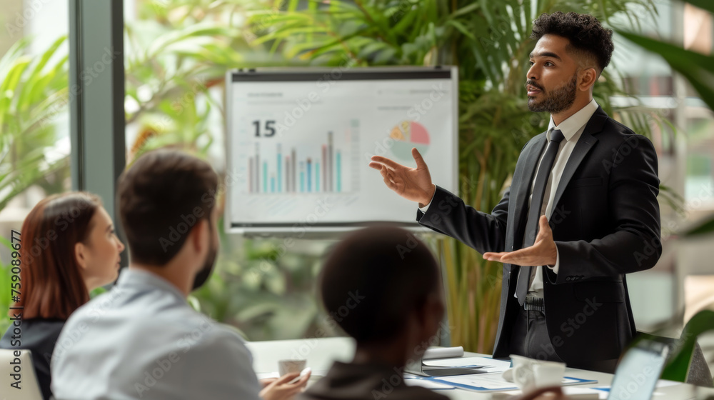Poster business presentation taking place with a well-dressed man pointing at a chart on a display board wh
