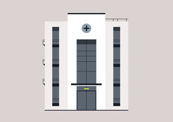 Modern Health Clinics, A Sanctuary of Healing, A sleek hospital facade stands against a plain backdrop, signaling care within
