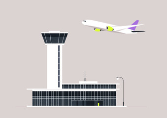 Ascending Aircraft Over Modern Airport Tower, A jetliner takes flight near a control tower as evening falls