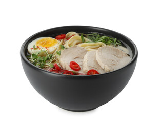 Delicious ramen with meat and egg in bowl isolated on white. Noodle soup