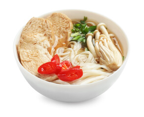 Delicious ramen with meat and mushrooms in bowl isolated on white. Noodle soup