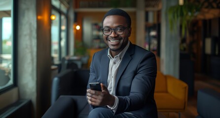A well-dressed businessman with glasses is seated comfortably in a lounge area, using his smartphone with a pleasant smile in a bright, modern workspace. - obrazy, fototapety, plakaty