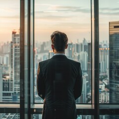 Ambitious Businessman Gazing at the Office Skyline View from Behind