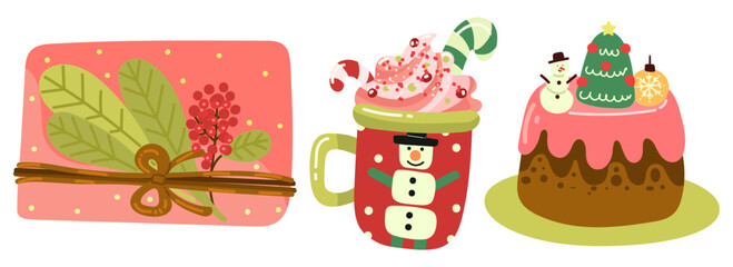 Christmas Items Set. Winter New Year elements. Vector hand draw illustration