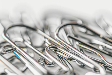 close-up of neatly arranged paper clips, symbolizing organization and efficiency in the workplace, against a crisp white background,