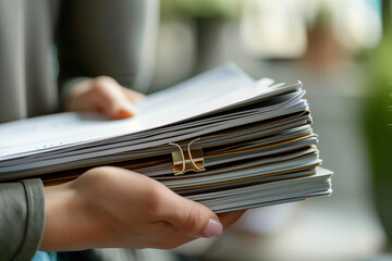 hand holding a stack of documents secured by a paper clip, with a confident expression, conveying professionalism and competence in managing tasks,