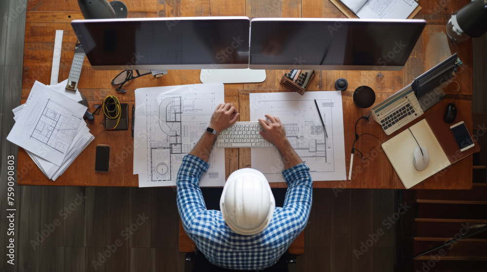 Poster overhead shot of an architect working at a desk with blueprints