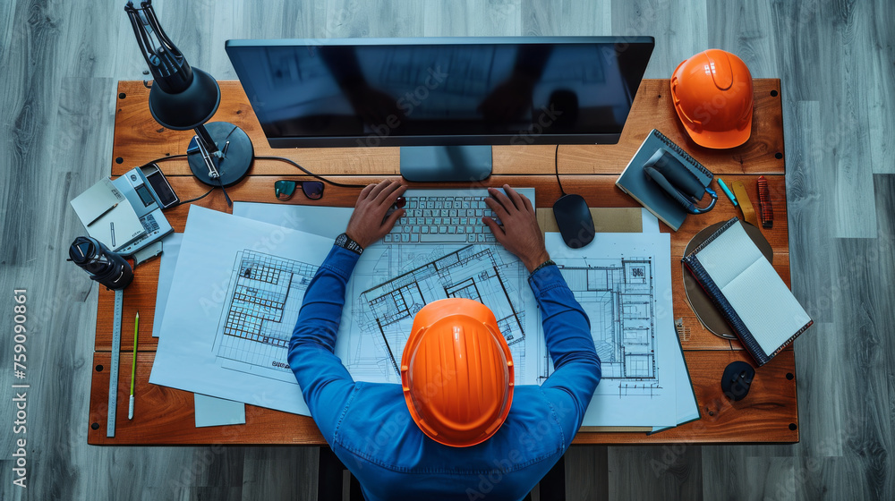 Poster overhead shot of an architect working at a desk with blueprints