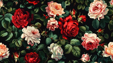 A floral pattern with roses against a black background. The vivid colors of the flowers make them stand out prominently, offering a romantic and traditional textile design