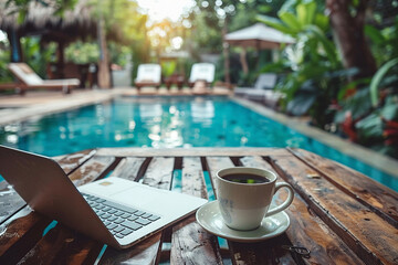 Photo of laptop and cup of coffee standing on table with swimming pool on the background. The concept of remote work and combining leisure with work - obrazy, fototapety, plakaty