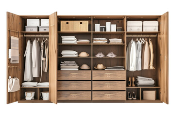 Open wardrobe made of solid wood, varnished, isolated on a white or transparent background. Close-up of an open wardrobe filled with clothes and towels. Element of furniture in the interior.