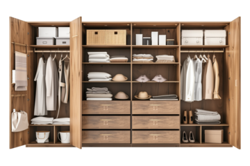 Open wardrobe made of solid wood, varnished, isolated on a white or transparent background. Close-up of an open wardrobe filled with clothes and towels. Element of furniture in the interior.