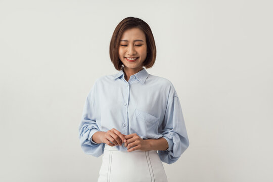 Asian woman bashful and shy for dating in white background