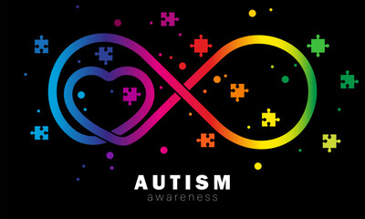 Autistic Pride Day. Colorful rainbow infinity and heart. Autism awareness symbol. Infinity sign color spectrum. Rainbow gradient in the shape of the infinity sign. Neurodiversity Symbol