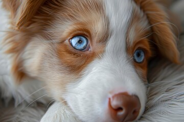 Brown and White Puppy with Blue Eyes Relaxing on a Couch