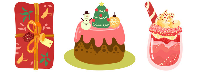 Christmas Items Set. Winter New Year elements. Vector hand draw illustration