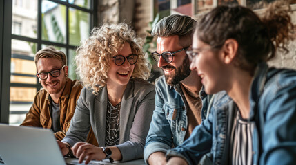 Colleagues are in a collaborative office setting, all smiling and engaged in a discussion with laptops open in front of them.