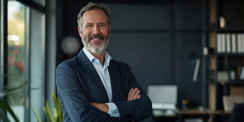 Fototapeta premium A confident and smiling mature businessman exudes elegance and style. Looks directly towards camera A successful corporate leader.