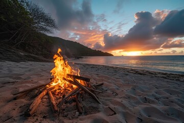 Beachside campfire at evening photography