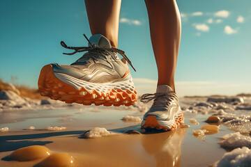 front view of female legs of a girl runner in running net lace up sneakers, shoes close-up on wet sandy beach. Running woman on sea coast at sunset. sandy beach. sports shoes on coast. sports shoes - obrazy, fototapety, plakaty