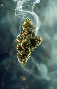 vertical slow motion of floating Cannabis Bud with Smoke Swirling Around